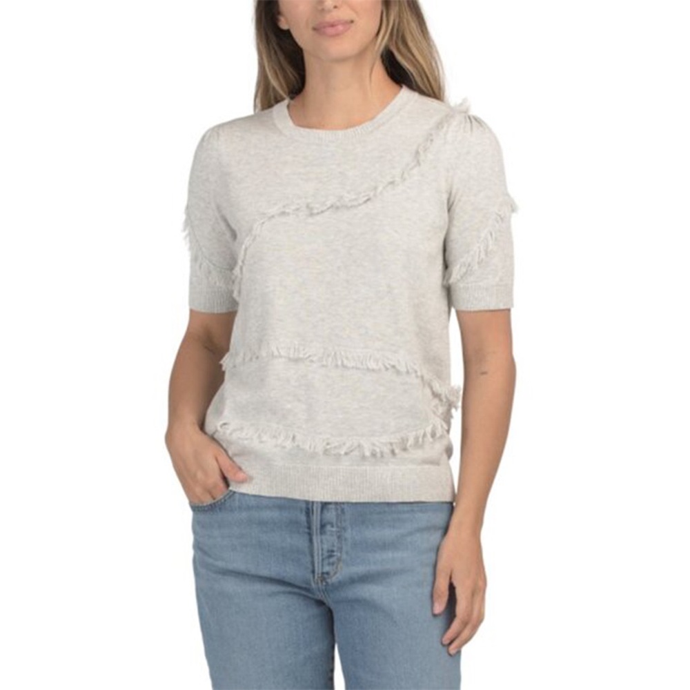 Edinburgh Knitwear - Pima Cotton Fringe Short Sleeve Sweater - Cloud Grey